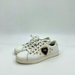 Dolce & Gabbana Womens White Leather Lace-Up Sneakers With Gold Stud Detailing &